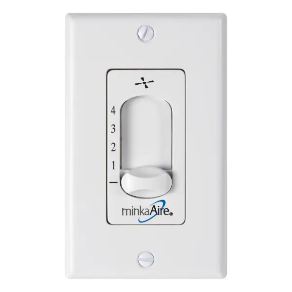 This wall-mounted fan control offers four-speed settings with straightforward 2-wire installation. The clean white finish integrates seamlessly into any room, providing convenient fan speed adjustment at the wall.