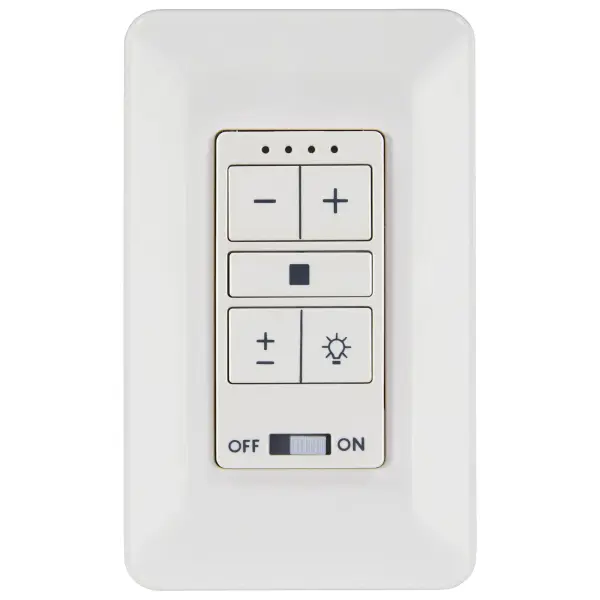 This wall-mounted fan control offers straightforward speed adjustment in a clean white finish that blends seamlessly with modern interiors. Compact design fits standard wall boxes for easy installation.