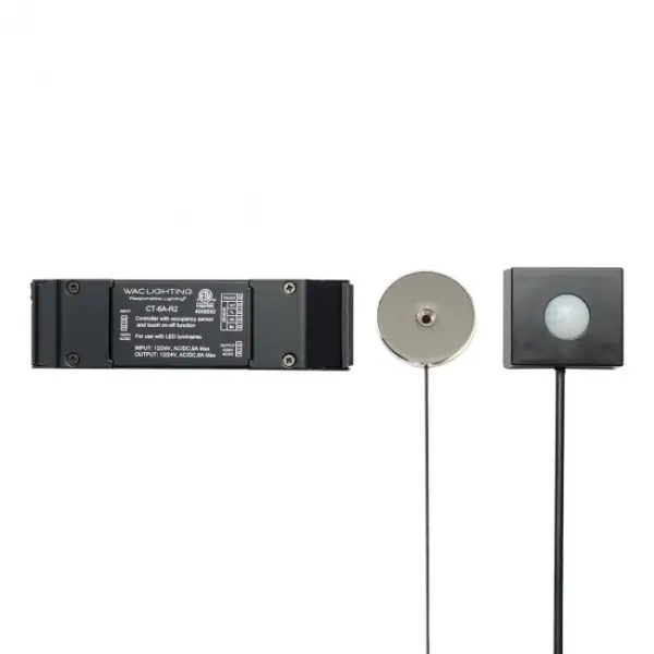 Intelligent motion and touch switch control of luminaires based on occupancy, compatible with wide range of WAC Lighting low voltage LED lighting luminaires.  Can be used with any WAC Lighting 12V or 24V electronic low voltage system, including Button Lights, InvisiLED Tape light, Line™, and Straight Edge.  Programmed with three functions, TOUCH and SENSOR To activate both motion sensor and touch switch.  Maximum time delay is 20 minutes (20MIN), minimum is 10 seconds (10S).  Motion sensor supplied with 18' wire and touch panel supplied with 8' wire.  May be cut to desired length. Lengthening of wire is not recommended as will decrease sensitivity.  Two different mounting options (screw or double sided tape mounting) for all under cabinet applications included.