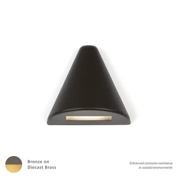 LEDme 12V deck and patio lights available in 3000K soft white or 2700K warm white and in round, triangle, and rectangular shapes that can conveniently tap into a 12V landscape lighting system. Factory sealed and IP66 Rated for Wet Locations. Aluminum and brass quality construction is available for enhanced protection in coastal or marine grade environments. Magnetic Power supply is required. Collection: 3021 Sub-Brand: Landscape Finish: Bronze on Brass Notes: LED 12V Triangle Deck And Patio Light 3000K Soft White In Bronzed Solid Brass Width: 3.19" Height: 1.63" Length: 3.38" Weight: 1.04 lb Extension from Wall: 3.38" Bulbs Included Number of Bulbs: 1 Maximum Wattage: 2.80 W Bulb Type: Module Bulb Base: LED Module Light Source: LED Light Output: 75.00 lm Delivered Lumens: 60.00 lm Color Temperature: 3000 K CRI: 90 Dimmable Beam Spread: 75.00° Rated Average Life: 50000 Voltage: 9.00 V Material: Solid die-cast brass Country of Origin: China Safety Listing: UL, cUL Safety Rating: UL, cUL ADA LED Manufacturer Warranty: 10 Year Instructions Parts Diagram