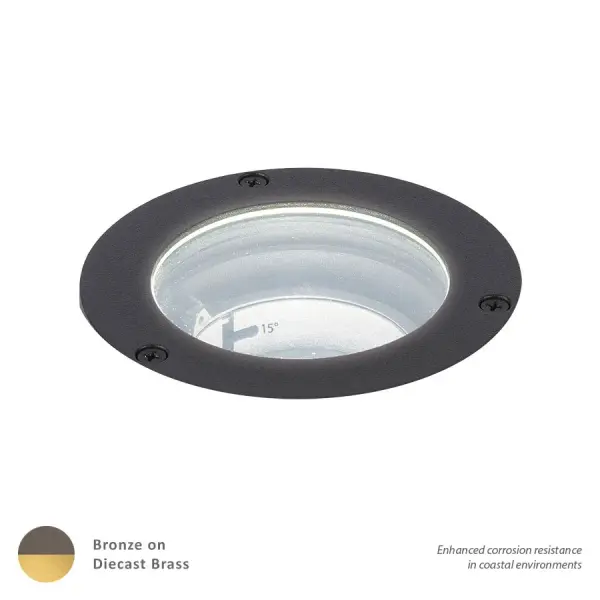 Simplicity meets function and durability with this ground breaking patented WAC Landscape Lighting Accent Light. One fixture fits all applications, eliminating the need to choose from dozens of varying beam angles and light outputs found in traditional landscape fixtures. A quick and simple twist of the fixture at indexed intervals allows continuous adjustment of the beam angle to perform the consolidated task of dozens of comparable landscape lights. Factory sealed water tight and IP66 Rated for protection against high-pressure water jets and outdoor elements. Available in a bronze finish with an aluminum construction or with a solid brass construction. Brass may provide enhanced protection against corrosive elements found in coastal/marine environments. Collection: 5031 Sub-Brand: Landscape Finish: Bronze on Brass Notes: LED 12V 3In Inground Adjustable Beam And Output 3000K Soft White In Bronzed Solid Brass Width: 4.63" Height: 6.25" Length: 4.63" Weight: 5.79 lb Extension from Wall: 4.63" Bulbs Included Number of Bulbs: 1 Maximum Wattage: 12.00 W Bulb Type: Module Bulb Base: LED Module Light Source: LED Light Output: 505.00 lm Delivered Lumens: 505.00 lm Color Temperature: 3000 K CRI: 85 Dimmable Beam Spread: 60.00° Rated Average Life: 55000 Voltage: 9.00 V Material: Solid die-cast brass Country of Origin: Thailand Safety Listing: UL, cUL Safety Rating: UL, cUL LED Manufacturer Warranty: 10 Year Functional, Lifetime Finish Instructions Parts Diagram