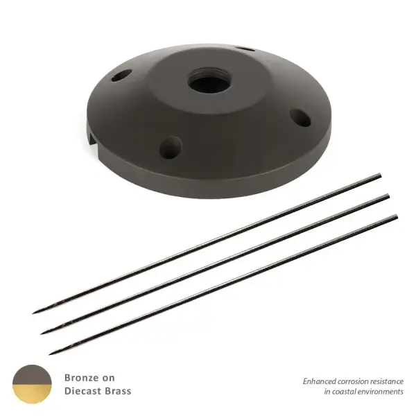 Surface mount canopy with threaded loop for WAC Landscape Lighting Accent, Flood, Inground Lights.  Includes three 7" threaded stainless steel stabilizing pins for ground mounting.