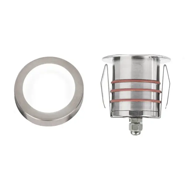 LED Landscape recessed inground indicator luminaire for both soft and hard ground applications available in 1" or 2" sizes with round, slim, and square face plate options. The indicator light is perfect for outdoor applications, including wells and ponds, decks and patios, inground, as well as ceiling and wall applications. Factory sealed and IP68 Rated for Wet Locations or continuous immersion up to 5 meters underwater. Each indicator light includes 6' of low voltage burial cable, direct burial gel-filled wire nuts, and an optional spring retention clip. Magnetic Power supply is required. Concrete Pour Kits are available for additional installation options. Collection: 2011 Sub-Brand: Landscape Finish: Stainless Steel Notes: 2In Inground LED 12V Slim Round Indicator Light In Stainless Steel Width: 2.06" Height: 3.13" Length: 2.06" Weight: 1.10 lb Extension from Wall: 2.06" Wire: 6` Bulbs Included Number of Bulbs: 1 Maximum Wattage: 4.00 W Bulb Type: Module Bulb Base: LED Module Light Source: LED Light Output: 170.00 lm Delivered Lumens: 245.00 lm Color Temperature: 3000 K CRI: 85 Dimmable Beam Spread: 25.00° Rated Average Life: 70000 Voltage: 9.00 V Material: Solid stainless steel construction Country of Origin: Thailand Safety Listing: UL, cUL Safety Rating: UL, cUL LED Manufacturer Warranty: 10 year, Lifetime Finish Instructions Parts Diagram
