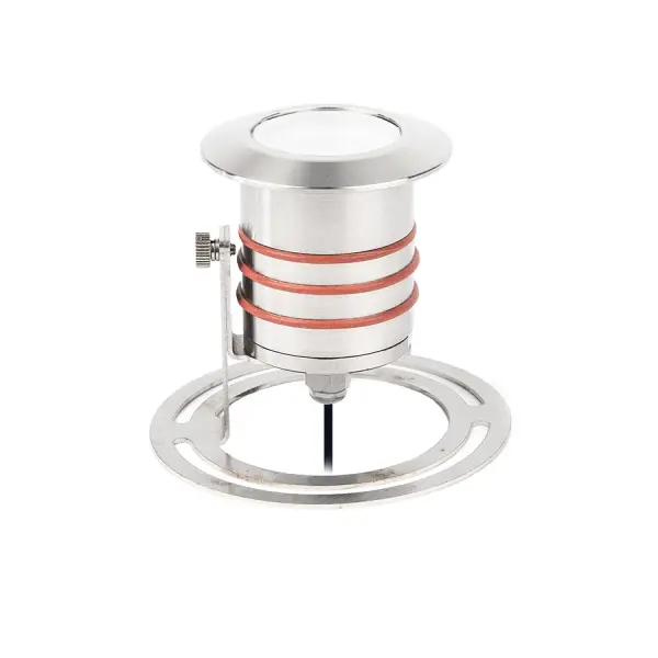 LED Landscape recessed inground indicator luminaire for soft ground applications available in 1" or 2" sizes with round, slim, and square face plate options.  The indicator light is perfect for both indoor and outdoor applications, including wells and ponds, decks and patios, inground, as well as ceiling and wall applications.  Factory sealed and IP68 Rated for Wet Locations or continuous immersion up to 5 meters underwater.  Each indicator light includes 6' of low voltage burial cable, direct burial gel-filled wire nuts, and an optional spring retention clip.  Magnetic Power supply is required.  Concrete Pour Kits are available for additional installation options.
