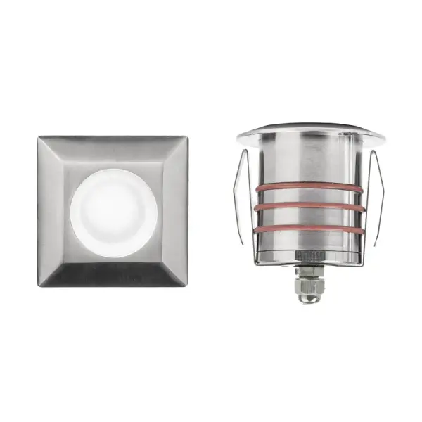 LED Landscape recessed inground indicator luminaire for both soft and hard ground applications available in 1" or 2" sizes with round, slim, and square face plate options. The indicator light is perfect for outdoor applications, including wells and ponds, decks and patios, inground, as well as ceiling and wall applications. Factory sealed and IP68 Rated for Wet Locations or continuous immersion up to 5 meters underwater. Each indicator light includes 6' of low voltage burial cable, direct burial gel-filled wire nuts, and an optional spring retention clip. Magnetic Power supply is required. Concrete Pour Kits are available for additional installation options. Collection: 2051 Sub-Brand: Landscape Finish: Stainless Steel Notes: 2In Inground LED 12V Square Indicator Light In Stainless Steel Width: 2.75" Height: 3.13" Length: 2.75" Weight: 1.32 lb Extension from Wall: 2.75" Wire: 6` Bulbs Included Number of Bulbs: 1 Maximum Wattage: 4.00 W Bulb Type: Module Bulb Base: LED Module Light Source: LED Light Output: 170.00 lm Delivered Lumens: 245.00 lm Color Temperature: 3000 K CRI: 85 Dimmable Beam Spread: 25.00° Rated Average Life: 70000 Voltage: 9.00 V Material: Solid stainless steel construction Country of Origin: Thailand Safety Listing: UL, cUL Safety Rating: UL, cUL LED Manufacturer Warranty: 10 year, Lifetime Finish Instructions Parts Diagram