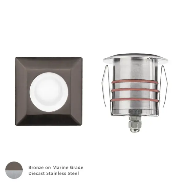 LED Landscape recessed inground indicator luminaire for both soft and hard ground applications available in 1" or 2" sizes with round, slim, and square face plate options. The indicator light is perfect for outdoor applications, including wells and ponds, decks and patios, inground, as well as ceiling and wall applications. Factory sealed and IP68 Rated for Wet Locations or continuous immersion up to 5 meters underwater. Each indicator light includes 6' of low voltage burial cable, direct burial gel-filled wire nuts, and an optional spring retention clip. Magnetic Power supply is required. Concrete Pour Kits are available for additional installation options. Collection: 2051 Sub-Brand: Landscape Finish: Bronze Stainless Steel Notes: 2In Inground LED 12V Square Indicator Light In Bronzed Stainless Steel Width: 2.75" Height: 3.13" Length: 2.75" Weight: 1.34 lb Extension from Wall: 2.75" Wire: 6` Bulbs Included Number of Bulbs: 1 Maximum Wattage: 4.00 W Bulb Type: Module Bulb Base: LED Module Light Source: LED Light Output: 170.00 lm Delivered Lumens: 245.00 lm Color Temperature: 3000 K CRI: 85 Dimmable Beam Spread: 25.00° Rated Average Life: 70000 Voltage: 9.00 V Material: Solid stainless steel construction Country of Origin: Thailand Safety Listing: UL, cUL Safety Rating: UL, cUL LED Manufacturer Warranty: 10 Year Instructions Parts Diagram