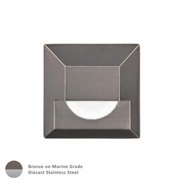 LED 12V Step and Wall Lights available in round or square trims can be installed on a 12V landscape lighting system. Factory sealed and IP68 Rated for Wet Locations or continuous immersion up to 5 meters underwater. Stainless steel quality construction with an optional spring retention clip that allows for installations in walls, ceilings, and steps. Each Step and Wall Light includes 6' of low voltage burial cable, direct burial gel-filled wire nuts, and an optional spring retention clip. Magnetic Power supply is required. Collection: 2061 Sub-Brand: Landscape Finish: Bronze Stainless Steel Notes: LED 12V Square Step And Wall Light In Bronzed Stainless Steel Width: 2.75" Height: 3.13" Length: 2.75" Weight: 1.43 lb Extension from Wall: 2.75" Wire: 6` Bulbs Included Number of Bulbs: 1 Maximum Wattage: 4.00 W Bulb Type: Module Bulb Base: LED Module Light Source: LED Light Output: 50.00 lm Delivered Lumens: 55.00 lm Color Temperature: 3000 K CRI: 85 Dimmable Beam Spread: 25.00° Rated Average Life: 70000 Voltage: 9.00 V Material: Solid stainless steel construction Country of Origin: Thailand Safety Listing: UL, cUL Safety Rating: UL, cUL LED Manufacturer Warranty: 10 Year Instructions Parts Diagram