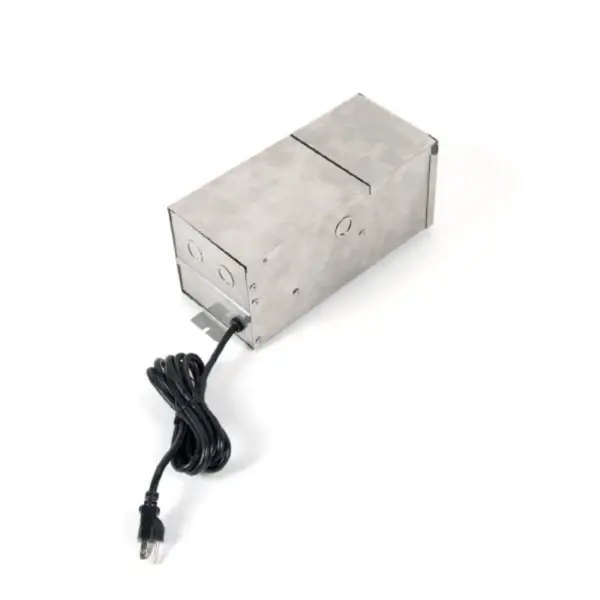 WAC Landscape Lighting Magnetic power supplies are 12V AC to support the entire line of 12V Landscape Lighting products, including Accent, Flood, Well, Indicator, Submersible,  12V Tape Light, Step and Wall, Deck and Patio, Path and Area, and Hardscape lighting products. The Stainless Steel housing enhances protection from corrosive and outdoor elements.  Mounting extrusion with variating knockout sizes proved for a simple installation.  Heavy gauged grounded and water resistant cord included for simple plug-in power feature.  Hinged cover includes a loop to safely lock the power supply with an optional lock to secure access from inner contents.  Multiple wire taps ranging from 12V-16V on terminal strip,  for long runs where voltage drop may occur. Hinged cover includes a loop to safely lock the power supply with an optional lock to secure access from inner contents.