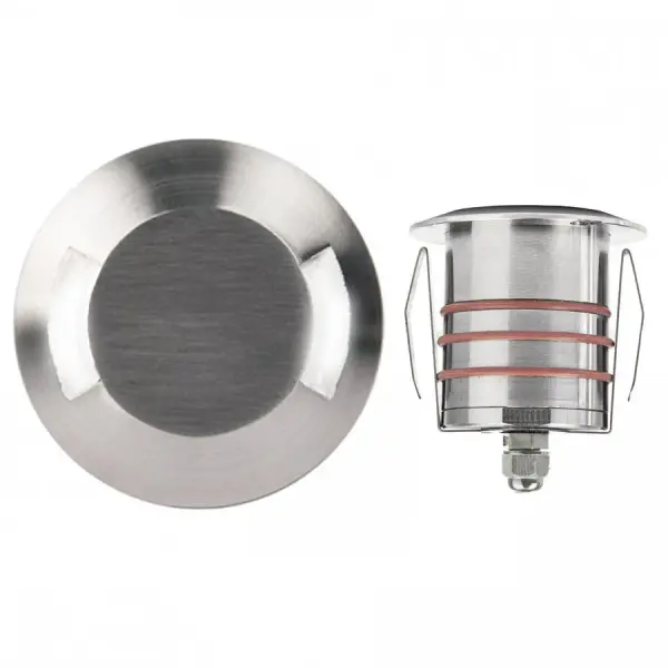 LED 12V recessed inground and indicator lights can be installed on a 12V landscape lighting system. Factory sealed and IP68 Rated for Wet Locations or continuous immersion up to 5 meters underwater. Stainless steel construction with an optional spring retention clip that allows for installations in walls, ceilings, and steps. Each indicator light includes 6ft of low voltage burial cable, direct burial gel-filled wire nuts, and an optional spring retention clip. Magnetic Power supply is required. Collection: 2071 Sub-Brand: Landscape Finish: Stainless Steel Notes: LED 2" 12V Indicator Light With Bi-Directional Plate In 3000K Stainless Steel Width: 2.75" Height: 3.13" Length: 2.75" Weight: 1.65 lb Extension from Wall: 2.75" Bulbs Included Number of Bulbs: 1 Maximum Wattage: 4.00 W Bulb Type: Module Bulb Base: LED Module Light Source: LED Light Output: 100.00 lm Delivered Lumens: 3.50 lm Color Temperature: 3000 K CRI: 85 Dimmable Rated Average Life: 70000 Voltage: 9.00 V Material: Solid stainless steel construction Country of Origin: Thailand Safety Listing: UL, cUL Safety Rating: UL, cUL LED Manufacturer Warranty: 10 year, Lifetime Finish Parts Diagram
