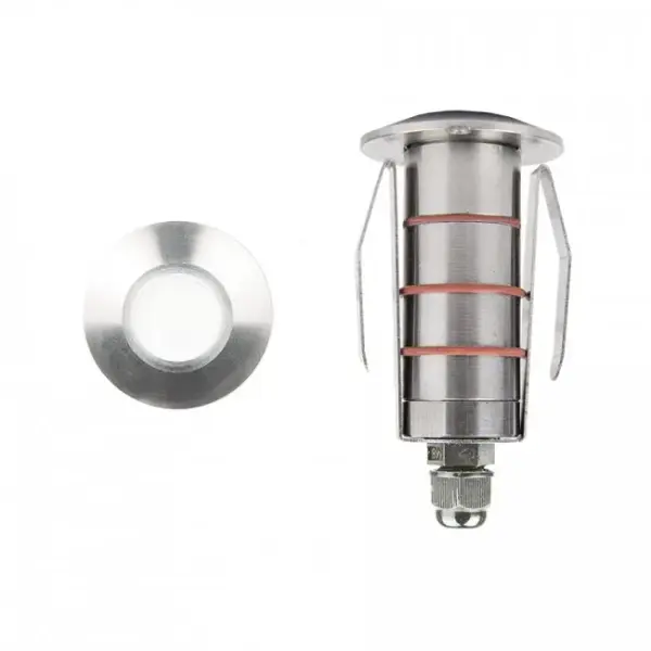 LED Landscape recessed inground indicator luminaire for both soft and hard ground applications available in 1" or 2" sizes with round, slim, and square face plate options.  The indicator light is perfect for outdoor applications, including wells and ponds, decks and patios, inground, as well as ceiling and wall applications.  Factory sealed and IP68 Rated for Wet Locations or continuous immersion up to 5 meters underwater.  Each indicator light includes 6' of low voltage burial cable, direct burial gel-filled wire nuts, and an optional spring retention clip.  Magnetic Power supply is required.  Concrete Pour Kits are available for additional installation options.