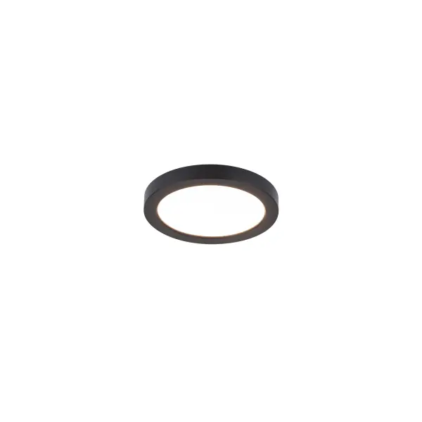 Ultra-slim flush mount that uses edge-lit technology and a translucent diffuser for uniform illumination without shadows or hotspots. Collection: Round Sub-Brand: WAC Limited Finish: Black Notes: LED Functional Ceiling And Wall Luminaire Width: 5.25" Height: 0.60" Length: 5.25" Weight: 0.71 lb Extension from Wall: 5.25" Bulbs Included Number of Bulbs: 1 Maximum Wattage: 12.00 W Bulb Type: Module Light Source: LED Delivered Lumens: 1050.00 lm Color Temperature: 3500 K CRI: 90 Dimmable Voltage: 120.00 V Material: Injection molded UV rated plastic with translucent diffuser for outdoor application Country of Origin: China Safety Listing: ETL, cETL LED Manufacturer Warranty: 5 year