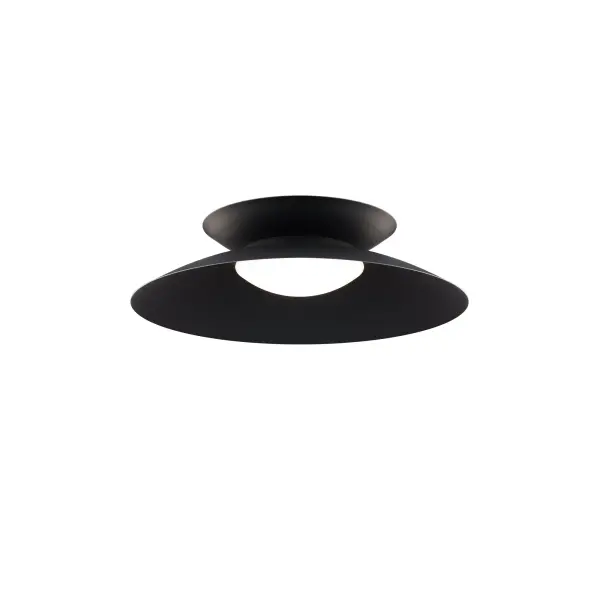 Go bold with a dramatic ceiling luminaire that is ideal for minimalist spaces.  A black shade curves around a white diffuser, creating downward-directed illumination.