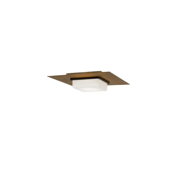 A perfect platform. This bi-level ceiling luminaire features a large, aged brass square crowning a smaller black profile that embraces an etched opal diffuser. Contrasting and complementary size, forms and finishes result in a delightful combination.