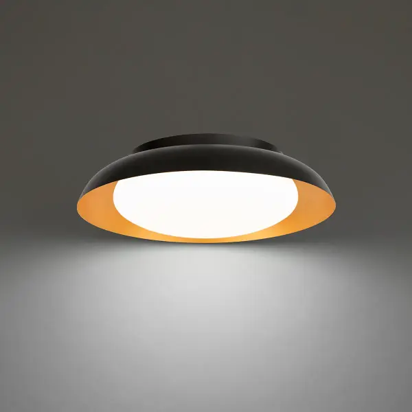 Ample style and illumination. Collection: Taurus Sub-Brand: DweLED Finish: Black/Gold Notes: Taurus 18" LED Flush Mount Light 2700K/3000K/3500K In Black/Gold Width: 17.88" Height: 5.13" Length: 17.88" Weight: 6.17 lb Extension from Wall: 17.88" Bulbs Included Number of Bulbs: 1 Maximum Wattage: 14.00 W Bulb Type: Module Light Source: LED Light Output: 1174.00 lm Delivered Lumens: 987.00 lm Color Temperature: 2700 K CRI: 90 Dimmable Rated Average Life: 60000 Voltage: 120.00 V Material: Aluminum body, acrylic diffuser Country of Origin: China Safety Listing: ETL, cETL LED Manufacturer Warranty: 5 year