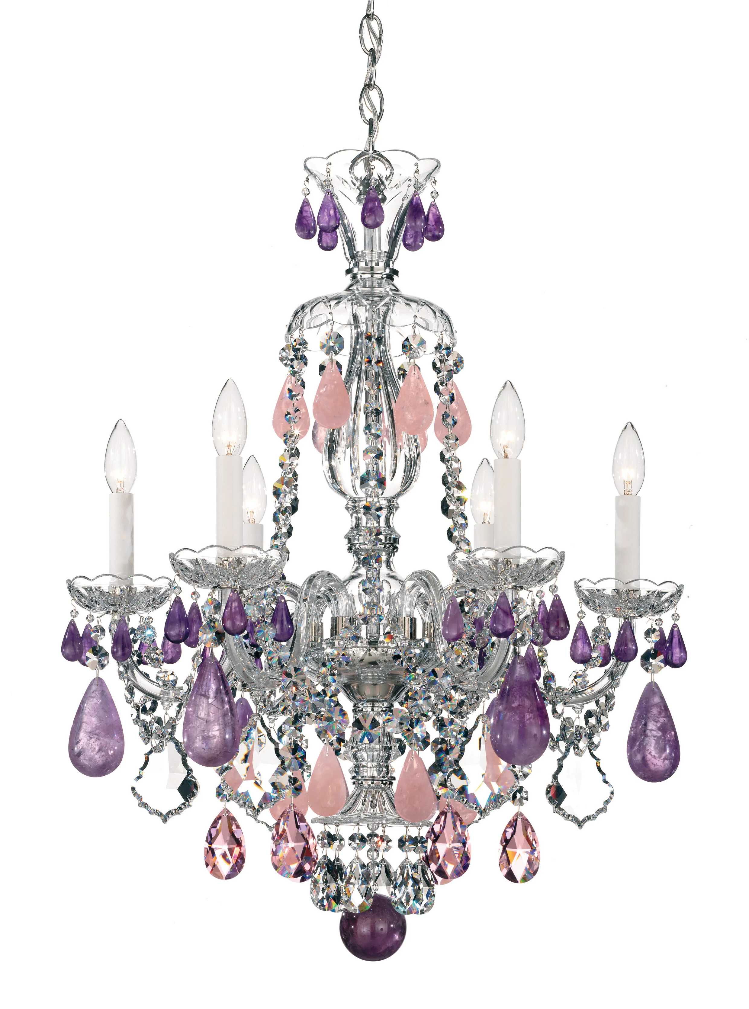 Hamilton Rock Crystal 6 Light 120V Chandelier in Polished Silver with Amethyst/Rose/Clear Rock Crystal