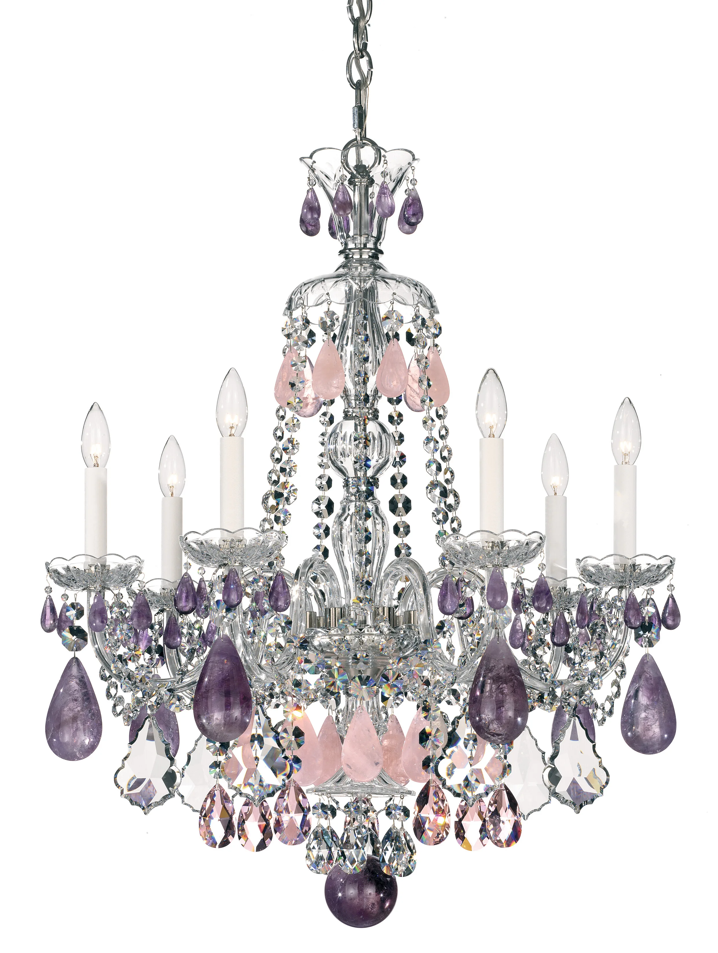 Hamilton Rock Crystal 7 Light 120V Chandelier in Polished Silver with Amethyst/Rose/Clear Rock Crystal