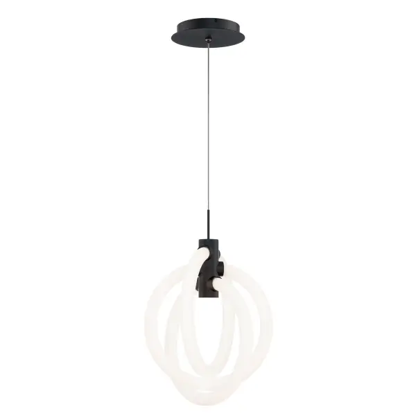 Charming. This dynamic mini pendant is comprised rings interlinked together to create a stunning structure of light. Suspended by an aircraft cable with an elegant metal collar for a clean transition. Collection: Knot Finish: Black Width: 10.00" Height: 12.88" Length: 10.00" Weight: 3.99 lb Extension from Wall: 10.00" Bulbs Included Number of Bulbs: 1 Maximum Wattage: 27.00 W Bulb Type: Module Light Source: LED Light Output: 4000.00 lm Delivered Lumens: 2045.00 lm Color Temperature: 4000 K CRI: 90 Dimmable Rated Average Life: 50000 Voltage: 120.00 V Material: Aluminum hardware with silicon diffuser Country of Origin: China Safety Listing: ETL, cETL LED Manufacturer Warranty: 5 year