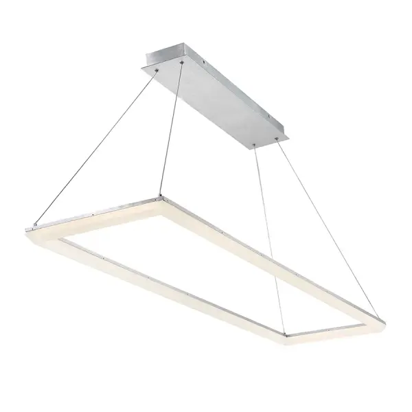 Extruded acrylic diffuser with mitered edges evokes a clean, geometric look with powerful LED illumination projecting up to the rectilinear canopy.