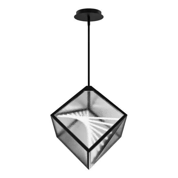 High Roller. Ripple glass held within a distinctive metal cube brings a playful air to the Dyce pendant. Hang in multiples above a kitchen island or bar for a winning look.