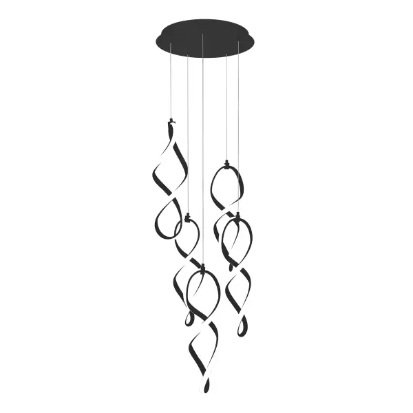 Showers of light. Delicate bands of soft LED illumination weave playfully in a downward flowing motion from its geometric canopy above.