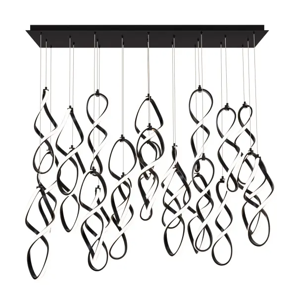 Showers of light. Delicate bands of soft LED illumination weave playfully in a downward flowing motion from its geometric canopy above. Collection: Interlace Finish: Black Width: 13.63" Height: 20.50" Length: 54.00" Weight: 55.12 lb Extension from Wall: 54.00" Bulbs Included Number of Bulbs: 23 Maximum Wattage: 21.43 W Bulb Type: Module Light Source: LED Light Output: 23028.75 lm Delivered Lumens: 22250.89 lm Color Temperature: 2700 K CRI: 90 Dimmable Rated Average Life: 50000 Voltage: 120.00 V Material: Aluminum body, silicone diffuser Country of Origin: China Safety Listing: ETL, cETL LED Manufacturer Warranty: 5 year