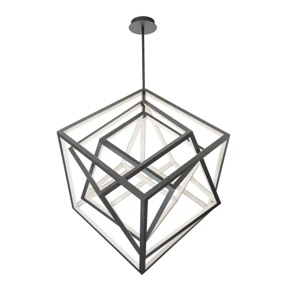 Reminiscent of the brilliant modern artwork of Eva Rothschild, this unique pendant  features three illuminating cubes that move independently. The black finish provides striking contrast with the luminous lines of light. A recognizable bold design.