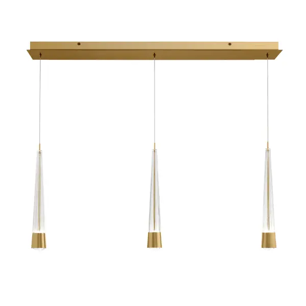 Precisely lined. V-groove flared glass radiates a prismatic glow. Staggered elements create a sense of motion, heightening the drama of this statement piece.