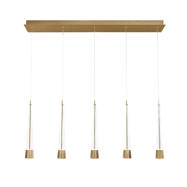 Precisely lined. V-groove flared glass radiates a prismatic glow. Staggered elements create a sense of motion, heightening the drama of this statement piece.