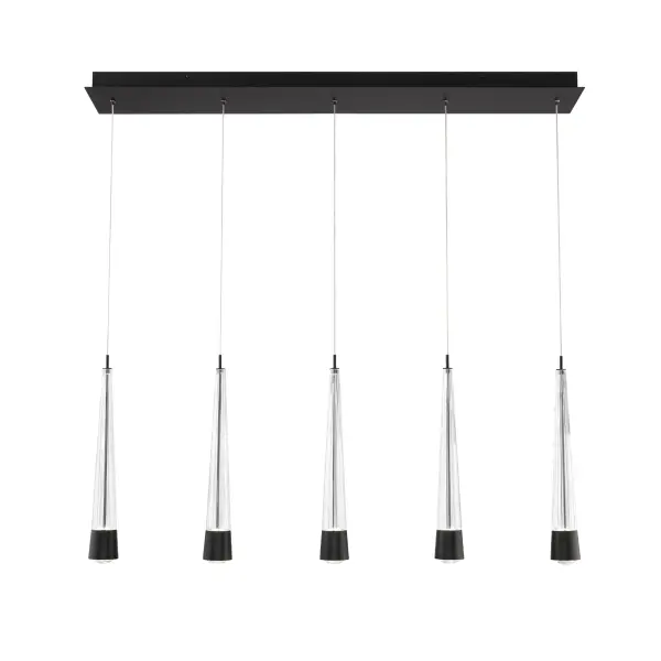 Precisely lined. V-groove flared glass radiates a prismatic glow. Staggered elements create a sense of motion, heightening the drama of this statement piece. Collection: Quill Finish: Black Width: 5.50" Height: 16.66" Length: 40.00" Weight: 22.05 lb Extension from Wall: 40.00" Bulbs Included Number of Bulbs: 5 Maximum Wattage: 8.00 W Bulb Type: Module Light Source: LED Light Output: 3015.00 lm Delivered Lumens: 2597.00 lm Color Temperature: 2700 K CRI: 90 Dimmable Rated Average Life: 50000 Voltage: 120.00 V Material: Aluminum Hardware with Glass body Country of Origin: China Safety Listing: ETL, cETL LED Manufacturer Warranty: 5 year