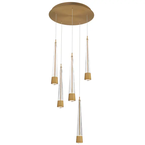 Precisely lined. V-groove flared glass radiates a prismatic glow. Staggered elements create a sense of motion, heightening the drama of this statement piece.