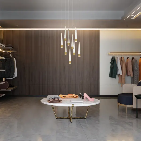 Precisely lined. V-groove flared glass radiates a prismatic glow. Staggered elements create a sense of motion, heightening the drama of this statement piece.