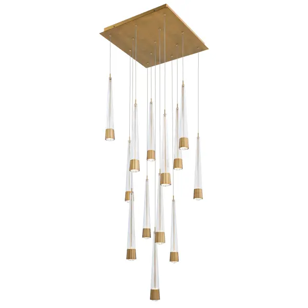 Precisely lined. V-groove flared glass radiates a prismatic glow. Staggered elements create a sense of motion, heightening the drama of this statement piece.