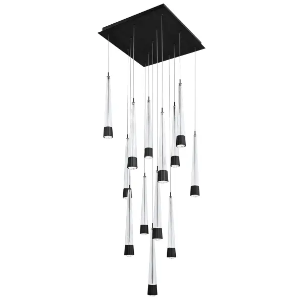 Precisely lined. V-groove flared glass radiates a prismatic glow. Staggered elements create a sense of motion, heightening the drama of this statement piece. Collection: Quill Finish: Black Width: 20.00" Height: 70.62" Length: 20.00" Weight: 44.09 lb Extension from Wall: 20.00" Bulbs Included Number of Bulbs: 13 Maximum Wattage: 8.00 W Bulb Type: Module Light Source: LED Light Output: 7839.00 lm Delivered Lumens: 6751.00 lm Color Temperature: 2700 K CRI: 90 Dimmable Rated Average Life: 50000 Voltage: 120.00 V Material: Aluminum Hardware with Glass body Country of Origin: China Safety Listing: ETL, cETL LED Manufacturer Warranty: 5 year