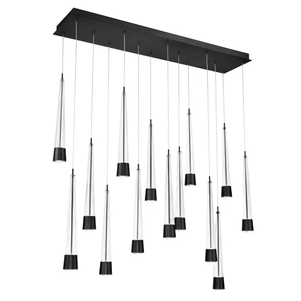 Precisely lined. V-groove flared glass radiates a prismatic glow. Staggered elements create a sense of motion, heightening the drama of this statement piece. Collection: Quill Finish: Black Width: 9.50" Height: 58.74" Length: 40.00" Weight: 42.99 lb Extension from Wall: 40.00" Bulbs Included Number of Bulbs: 14 Maximum Wattage: 8.00 W Bulb Type: Module Light Source: LED Light Output: 8442.00 lm Delivered Lumens: 7270.00 lm Color Temperature: 2700 K CRI: 90 Dimmable Rated Average Life: 50000 Voltage: 120.00 V Material: Aluminum Hardware with Glass body Country of Origin: China Safety Listing: ETL, cETL LED Manufacturer Warranty: 5 year