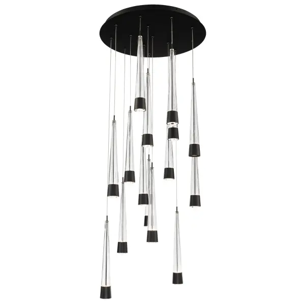 Precisely lined. V-groove flared glass radiates a prismatic glow. Staggered elements create a sense of motion, heightening the drama of this statement piece. Collection: Quill Finish: Black Width: 23.00" Height: 95.95" Length: 23.00" Weight: 46.30 lb Extension from Wall: 23.00" Bulbs Included Number of Bulbs: 15 Maximum Wattage: 8.00 W Bulb Type: Module Light Source: LED Light Output: 9045.00 lm Delivered Lumens: 7790.00 lm Color Temperature: 2700 K CRI: 90 Dimmable Rated Average Life: 50000 Voltage: 120.00 V Material: Aluminum Hardware with Glass body Country of Origin: China Safety Listing: ETL, cETL LED Manufacturer Warranty: 5 year