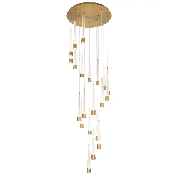 Precisely lined. V-groove flared glass radiates a prismatic glow. Staggered elements create a sense of motion, heightening the drama of this statement piece.