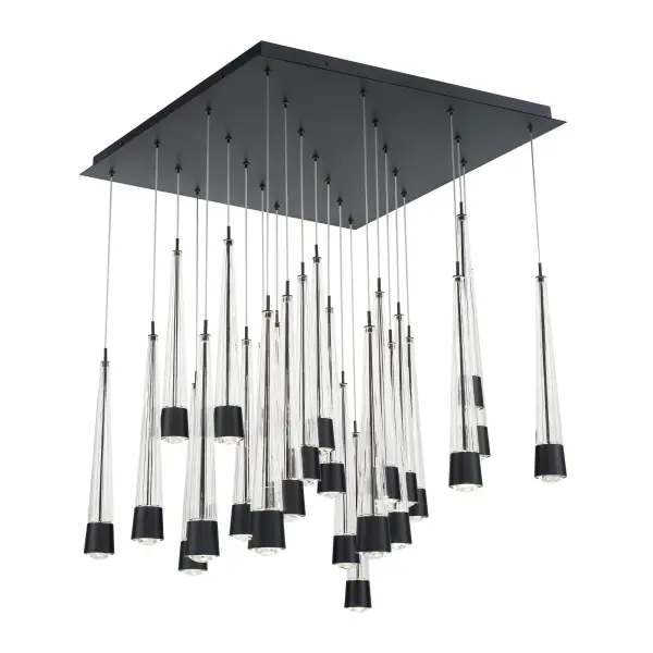 Precisely lined. V-groove flared glass radiates a prismatic glow. Staggered elements create a sense of motion, heightening the drama of this statement piece. Collection: Quill Finish: Black Width: 28.00" Height: 107.63" Length: 28.00" Weight: 81.57 lb Extension from Wall: 28.00" Bulbs Included Number of Bulbs: 25 Maximum Wattage: 8.00 W Bulb Type: Module Light Source: LED Light Output: 15075.00 lm Delivered Lumens: 12983.00 lm Color Temperature: 2700 K CRI: 90 Dimmable Rated Average Life: 50000 Voltage: 120.00 V Material: Aluminum Hardware with Glass body Country of Origin: China Safety Listing: ETL, cETL LED Manufacturer Warranty: 5 year
