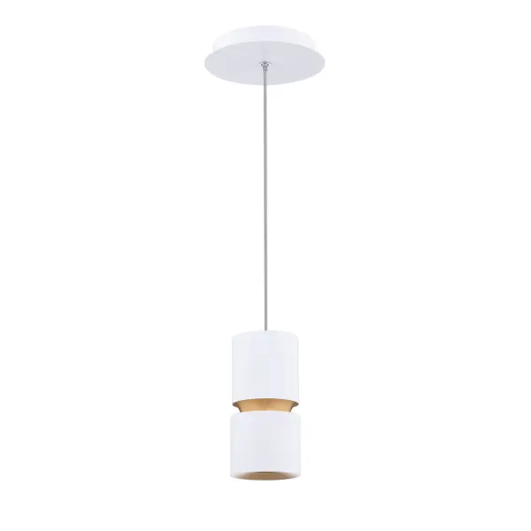 Two canisters adjoin in a minimalist design. LEDs create a soft column of light below, offering a functional way to light surfaces.