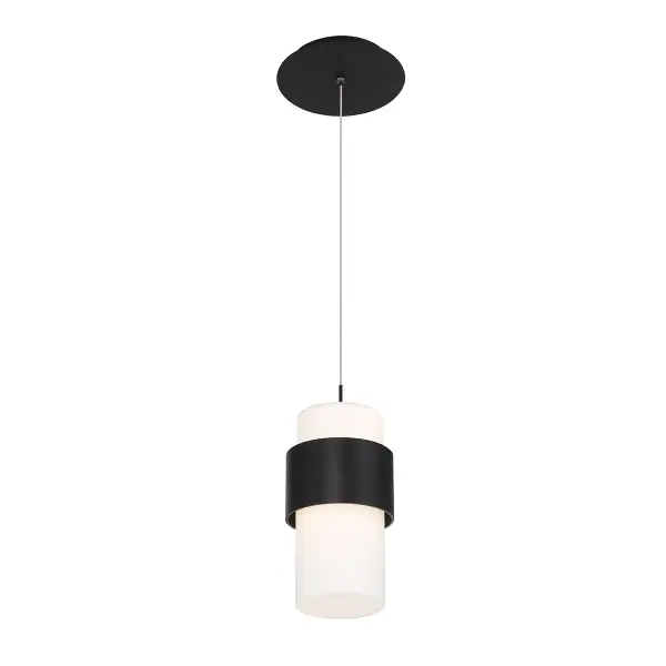 An etched opal glass cylinder wrapped in a sophisticated design. Collection: Banded Sub-Brand: DweLED Finish: Black Notes: Banded 9" LED Mini Pendant Light 3000K In Black Width: 5.00" Height: 9.25" Length: 5.00" Weight: 4.63 lb Extension from Wall: 5.00" Bulbs Included Number of Bulbs: 1 Maximum Wattage: 20.00 W Bulb Type: Module Bulb Base: LED Module Light Source: LED Light Output: 1387.00 lm Delivered Lumens: 884.00 lm Color Temperature: 3000 K CRI: 90 Dimmable Rated Average Life: 60000 Voltage: 120.00 V Material: Aluminum body with glass diffuser Country of Origin: China Safety Listing: ETL, cETL Safety Rating: ETL, cETL LED Manufacturer Warranty: 5 Year Functional, 2 Year Finish Parts Diagram