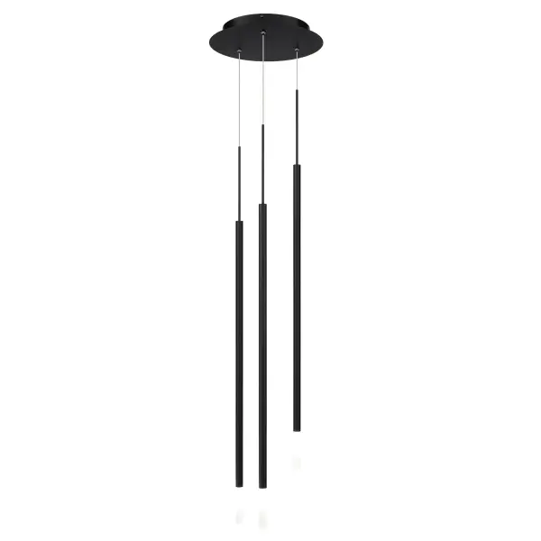 Wisp of light. This sleek and refined pendant is tipped with an acrylic diffuser, casting diffused illumination while emphasizing its minimalistic style. Collection: Viggo Finish: Black Width: 12.00" Height: 32.00" Length: 12.00" Weight: 7.06 lb Extension from Wall: 12.00" Bulbs Included Number of Bulbs: 3 Maximum Wattage: 5.00 W Bulb Type: Module Light Source: LED Light Output: 1528.00 lm Delivered Lumens: 401.00 lm Color Temperature: 2700 K CRI: 90 Dimmable Rated Average Life: 50000 Voltage: 120.00 V Material: Aluminum body with etched acrylic diffuser Country of Origin: China Safety Listing: ETL, cETL LED Manufacturer Warranty: 5 year