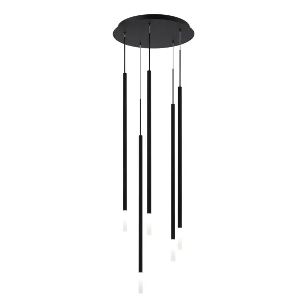 Wisp of light. This sleek and refined pendant is tipped with an acrylic diffuser, casting diffused illumination while emphasizing its minimalistic style. Collection: Viggo Finish: Black Width: 17.00" Height: 32.00" Length: 17.00" Weight: 12.13 lb Extension from Wall: 17.00" Bulbs Included Number of Bulbs: 5 Maximum Wattage: 4.00 W Bulb Type: Module Light Source: LED Light Output: 2183.00 lm Delivered Lumens: 536.00 lm Color Temperature: 2700 K CRI: 90 Dimmable Rated Average Life: 50000 Voltage: 120.00 V Material: Aluminum body with etched acrylic diffuser Country of Origin: China Safety Listing: ETL, cETL LED Manufacturer Warranty: 5 year