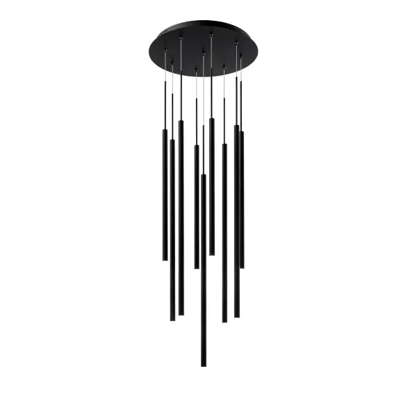 Wisp of light. This sleek and refined pendant is tipped with an acrylic diffuser, casting diffused illumination while emphasizing its minimalistic style. Collection: Viggo Finish: Black Width: 17.00" Height: 32.00" Length: 17.00" Weight: 14.33 lb Extension from Wall: 17.00" Bulbs Included Number of Bulbs: 9 Maximum Wattage: 4.44 W Bulb Type: Module Light Source: LED Light Output: 4366.00 lm Delivered Lumens: 1071.00 lm Color Temperature: 2700 K CRI: 90 Dimmable Rated Average Life: 50000 Voltage: 120.00 V Material: Aluminum body with etched acrylic diffuser Country of Origin: China Safety Listing: ETL, cETL LED Manufacturer Warranty: 5 year
