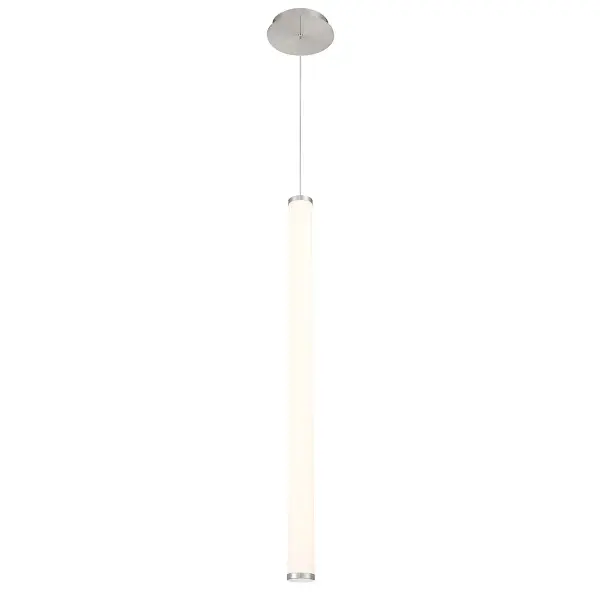 Symmetrical, cylindrical and aerodynamic. Brilliance alone or as a collection. Collection: Flare Sub-Brand: DweLED Finish: Brushed Nickel Notes: Flare 37" LED Pendant Light 3000K In Brushed Nickel Width: 2.50" Height: 37.00" Length: 2.50" Weight: 4.19 lb Extension from Wall: 2.50" Bulbs Included Number of Bulbs: 1 Maximum Wattage: 37.00 W Bulb Type: Module Bulb Base: LED Module Light Source: LED Light Output: 3801.00 lm Delivered Lumens: 2637.00 lm Color Temperature: 3000 K CRI: 90 Dimmable Rated Average Life: 50000 Voltage: 120.00 V Material: Aluminum with PC diffuser Country of Origin: China Safety Listing: ETL, cETL Safety Rating: ETL, cETL LED Manufacturer Warranty: 5 Year Functional, 2 Year Finish Parts Diagram