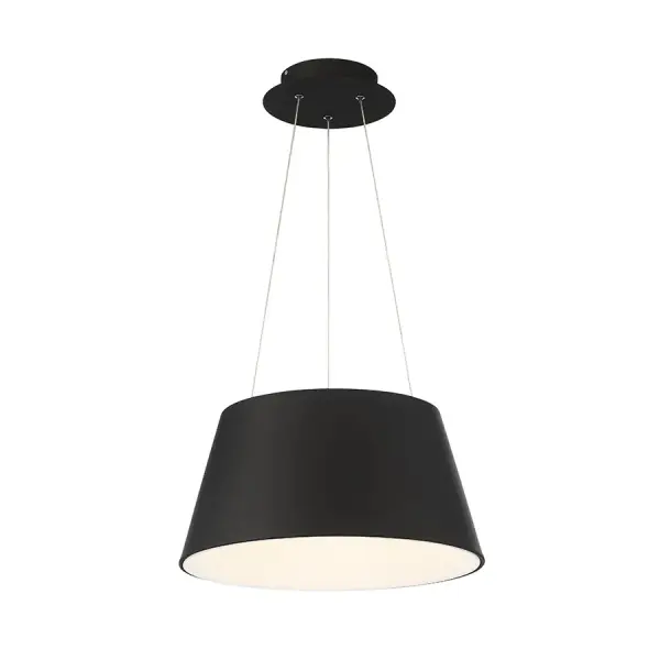 Refreshing take on a traditional shape. Finished in elegant black or white, in addition to brushed aluminum. Inside, a powerful integrated LED array projects flawless light. Collection: Vida Sub-Brand: DweLED Finish: Black Notes: Vida 18" LED Pendant Light 3000K In Black Width: 18.00" Height: 9.00" Length: 18.00" Weight: 6.09 lb Extension from Wall: 18.00" Bulbs Included Number of Bulbs: 1 Maximum Wattage: 33.00 W Bulb Type: Module Bulb Base: LED Module Light Source: LED Light Output: 2450.00 lm Delivered Lumens: 1755.00 lm Color Temperature: 3000 K CRI: 90 Dimmable Rated Average Life: 82000 Voltage: 120.00 V Material: Aluminum with acrylic diffuser Country of Origin: China Safety Listing: ETL, cETL Safety Rating: ETL, cETL LED Manufacturer Warranty: 5 Year Functional, 2 Year Finish Parts Diagram