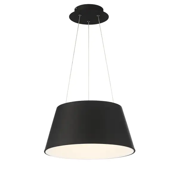 Refreshing take on a traditional shape. Finished in elegant black or white, in addition to brushed aluminum. Inside, a powerful integrated LED array projects flawless light. Collection: Vida Sub-Brand: DweLED Finish: Black Notes: Vida 24" LED Pendant Light 3000K In Black Width: 24.00" Height: 12.00" Length: 24.00" Weight: 15.43 lb Extension from Wall: 24.00" Bulbs Included Number of Bulbs: 1 Maximum Wattage: 43.00 W Bulb Type: Module Bulb Base: LED Module Light Source: LED Light Output: 3235.00 lm Delivered Lumens: 2385.00 lm Color Temperature: 3000 K CRI: 90 Dimmable Rated Average Life: 82000 Voltage: 120.00 V Material: Aluminum with acrylic diffuser Country of Origin: China Safety Listing: ETL, cETL Safety Rating: ETL, cETL LED Manufacturer Warranty: 5 Year Functional, 2 Year Finish Parts Diagram
