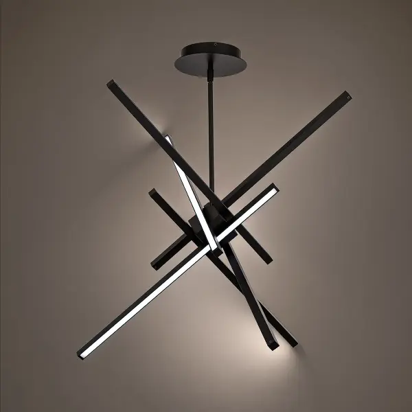 Effortlessly deliberate. Unparalleled.. Collection: Parallax Sub-Brand: DweLED Finish: Black Notes: Parallax 39" LED Chandelier Light 3000K In Black Width: 38.75" Height: 32.00" Length: 38.75" Weight: 7.83 lb Extension from Wall: 38.75" Bulbs Included Number of Bulbs: 6 Maximum Wattage: 7.00 W Bulb Type: Module Light Source: LED Light Output: 2265.00 lm Delivered Lumens: 1502.00 lm Color Temperature: 3000 K CRI: 90 Dimmable Rated Average Life: 50000 Voltage: 120.00 V Material: Aluminum body, PC diffuser Country of Origin: China Safety Listing: ETL, cETL LED Manufacturer Warranty: 5 year
