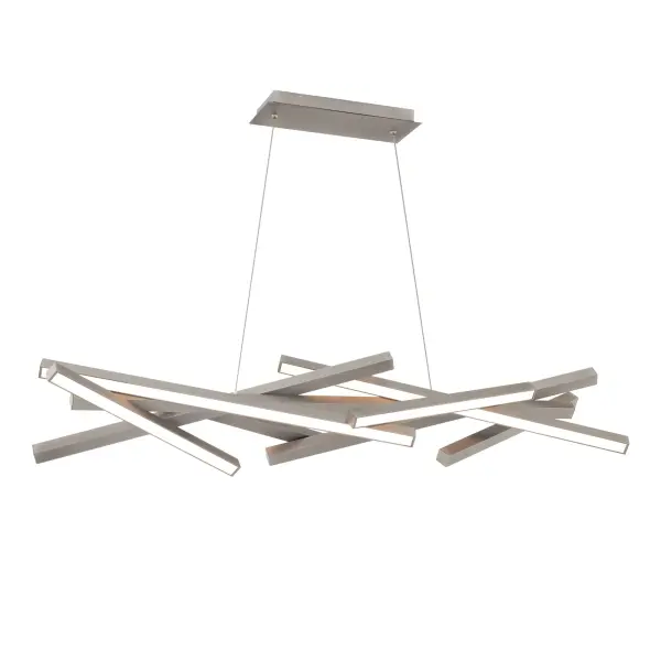 A dashing centerpiece. Linear elements fascinate overhead like a mobile sculpture, showcasing crisp LED light.
