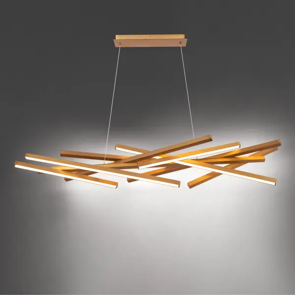 A complex array of slender light bars create crisp lines, adding a sculptural feel to any space.