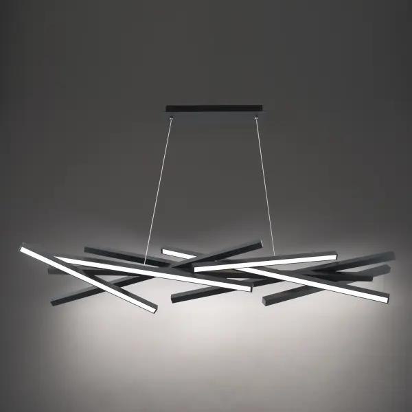 A complex array of slender light bars create crisp lines, adding a sculptural feel to any space. Collection: Parallax Sub-Brand: DweLED Finish: Black Notes: Parallax 55" LED Chandelier Light 3000K In Black Width: 13.63" Height: 10.88" Length: 55.00" Weight: 12.35 lb Extension from Wall: 55.00" Bulbs Included Number of Bulbs: 8 Maximum Wattage: 5.50 W Bulb Type: Module Light Source: LED Light Output: 2496.00 lm Delivered Lumens: 1657.00 lm Color Temperature: 3000 K CRI: 90 Dimmable Rated Average Life: 50000 Voltage: 120.00 V Material: Aluminum body, PC lens Country of Origin: China Safety Listing: ETL, cETL LED Manufacturer Warranty: 5 Year