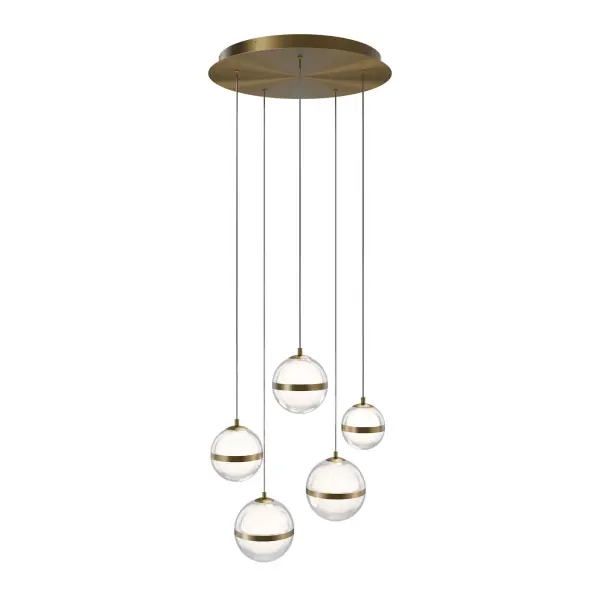 A translucent acrylic sphere divided by a single metallic band captures a clean, modern aesthetic. Multiple pendants are installed on a square canopy to make a impressive visual statement in any space.